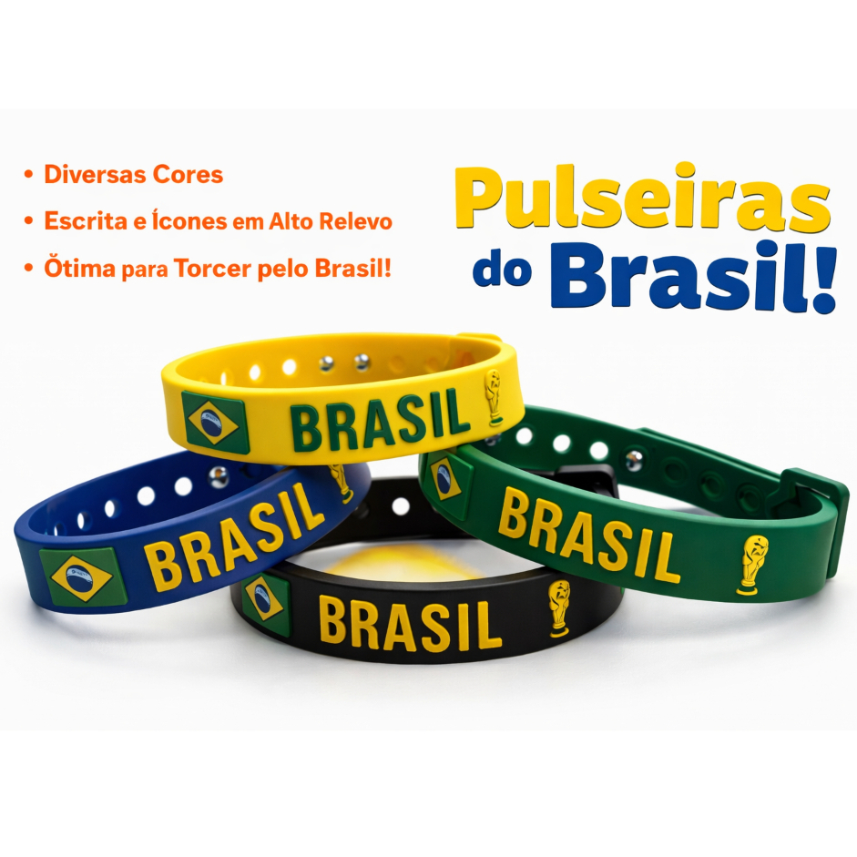 Kit Pulseiras Silicone Brasil Copa do Mundo femini