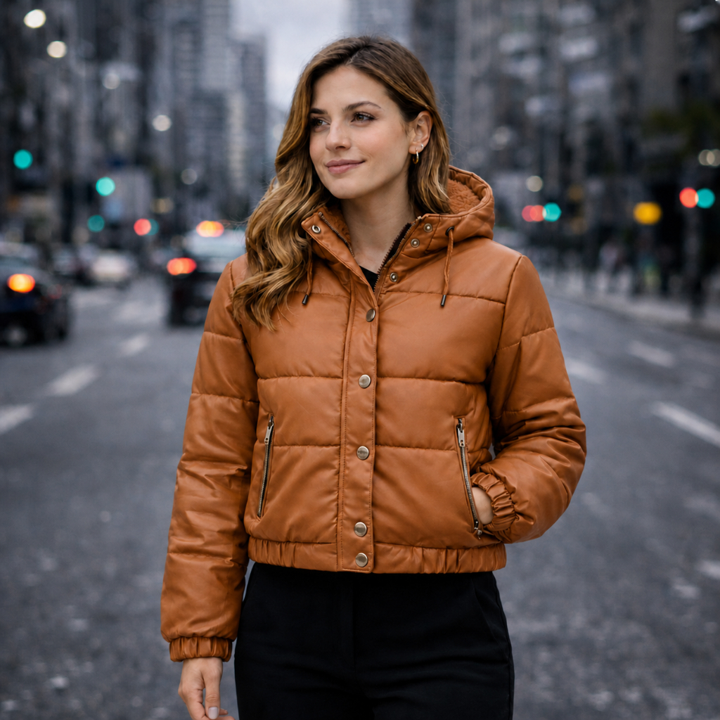 Jaqueta de Couro Feminina Puffer Bobojaco Cropped 