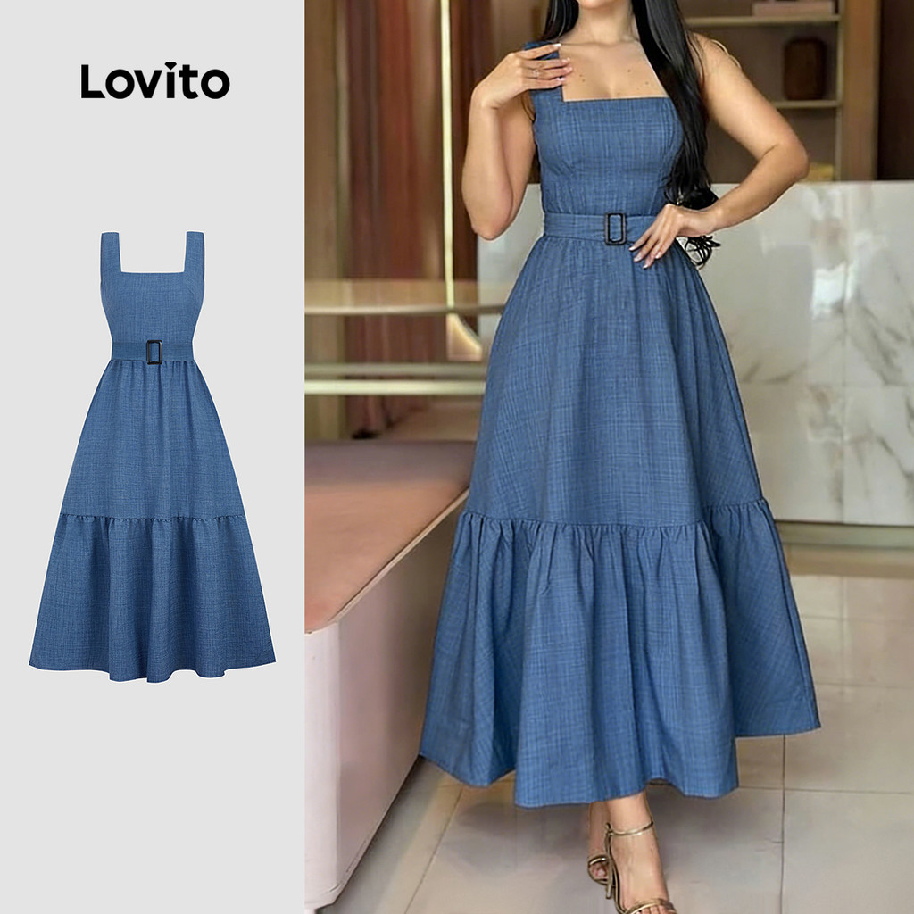 Lovito Vestido Casual com Zíper e Cinto Barra com