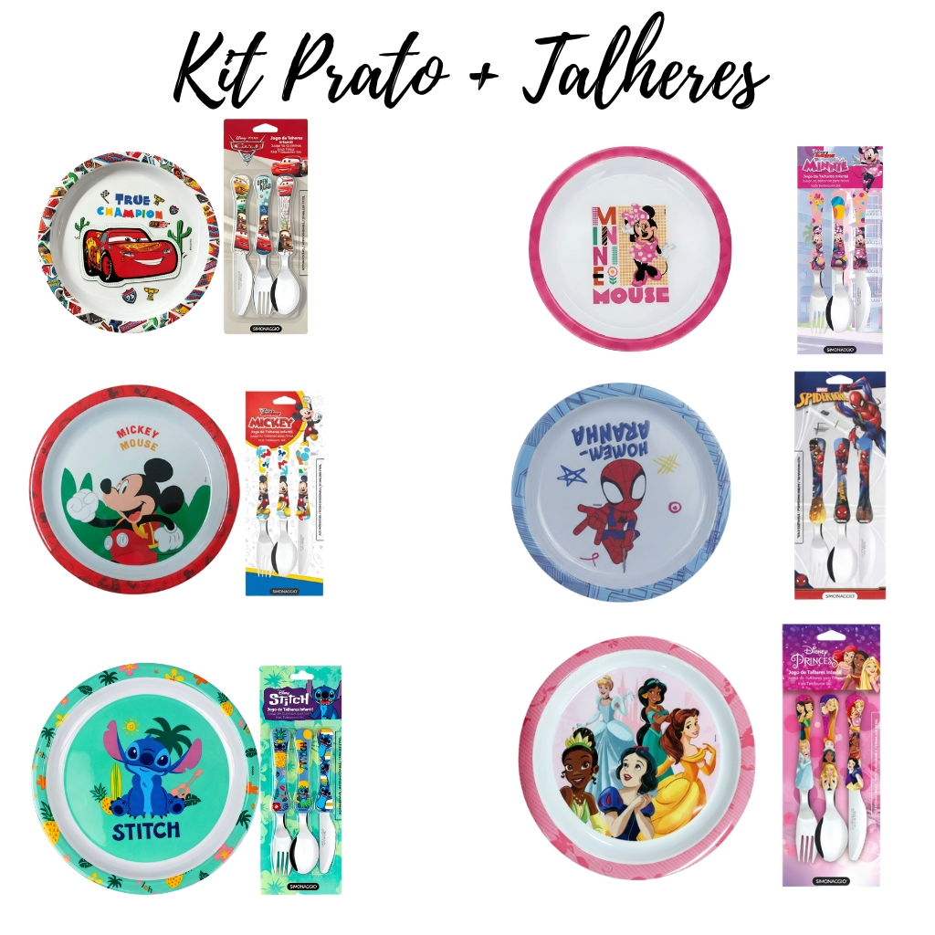 Kit Prato + Talheres Infantil Personagens  Disney 
