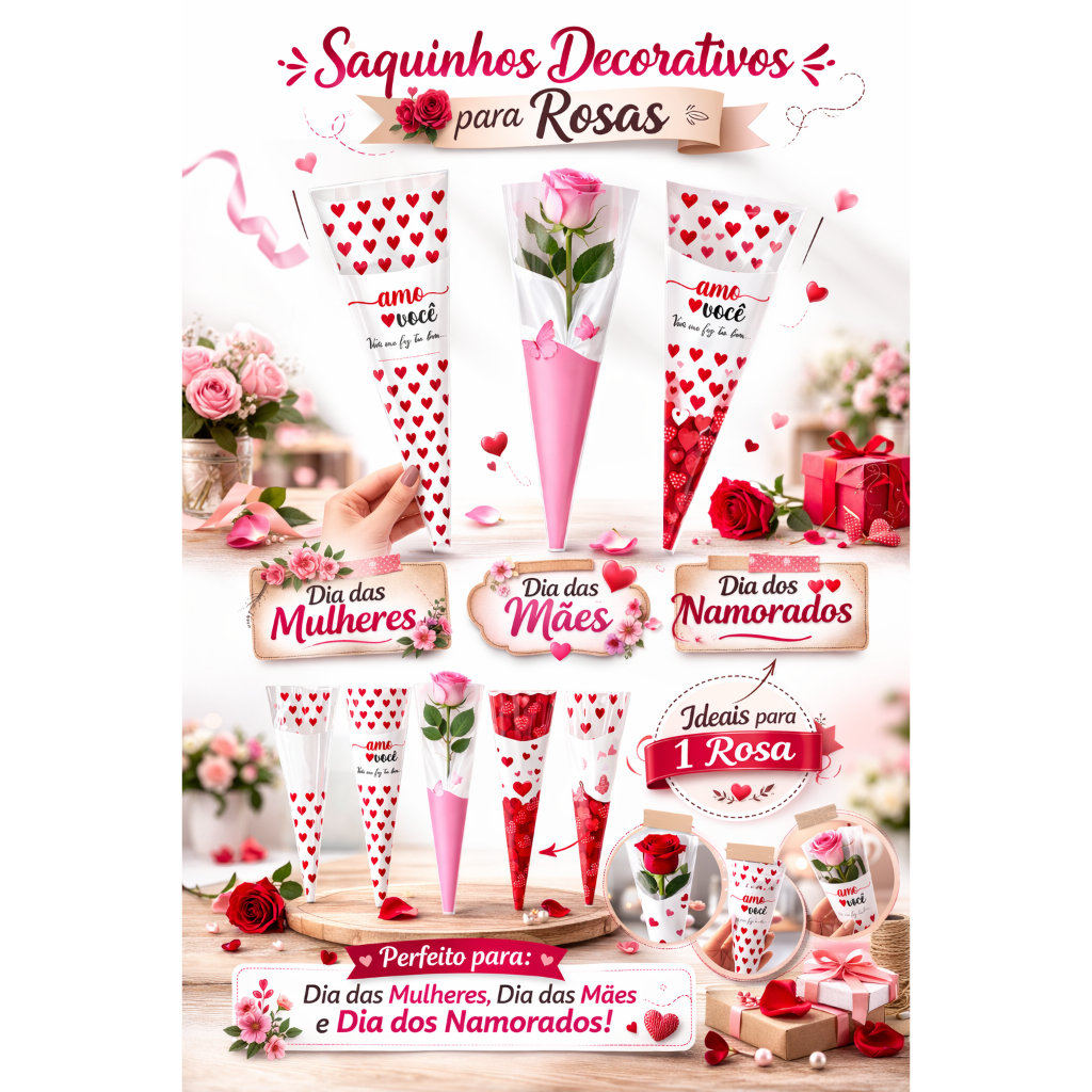 Kit 100-50 Unidades Saco Cone Botão para Rosas Di