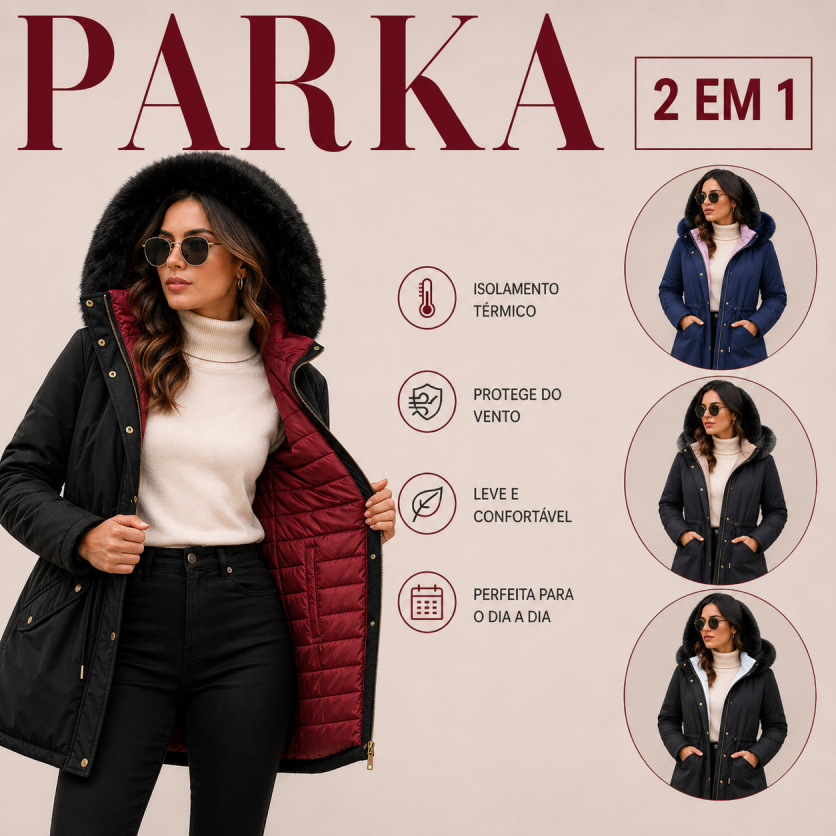 Casaco Jaqueta Parka Dupla Face feminina capuz rem