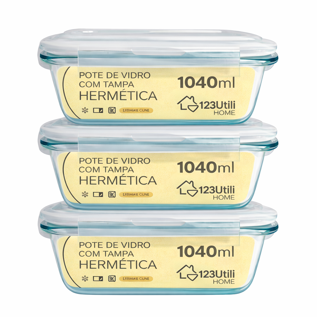 Kit 3 Potes Vidro Hermético 1040ml com Tampa Arma