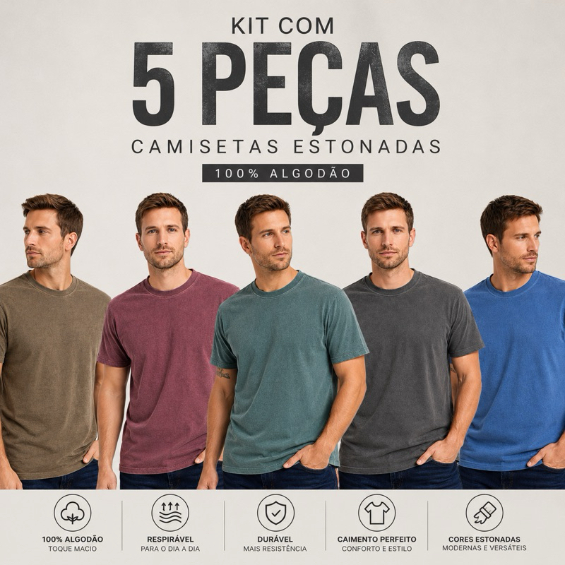 Kit  5 Camisetas Estonadas Masculina 100% algodão
