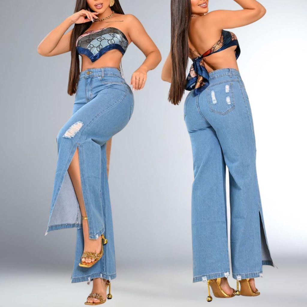 Calça Wide Leg 100% Algodão Cintura Alta com Abe