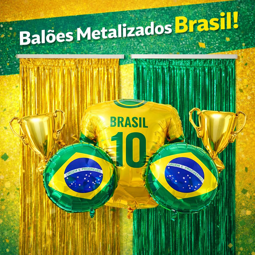 Kit Copa do Mundo  2 Cortinas Metalizada Verde e D