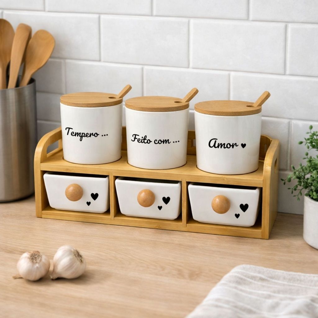 Kit Porta Temperos 3 Potes de Cerâmica com Tampa