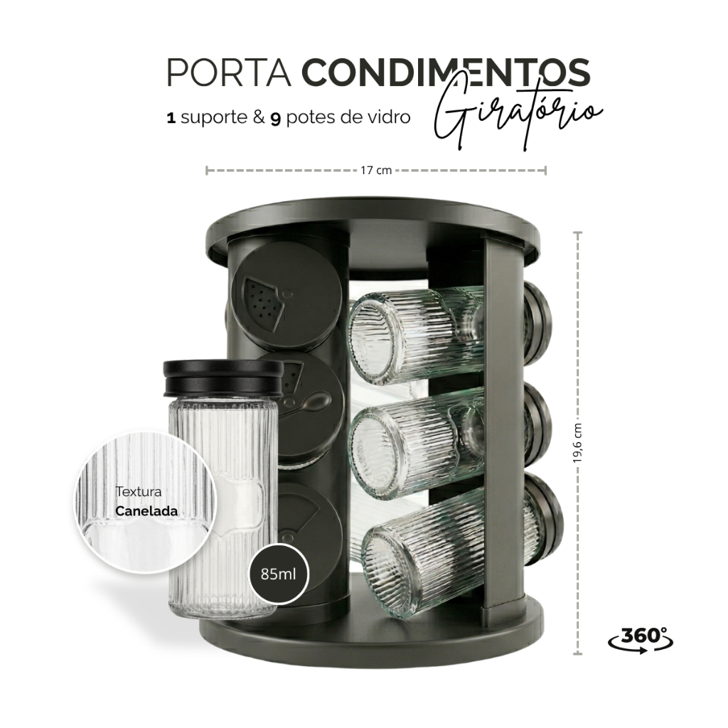 Porta Tempero Condimentos Giratório Lines Preto 9
