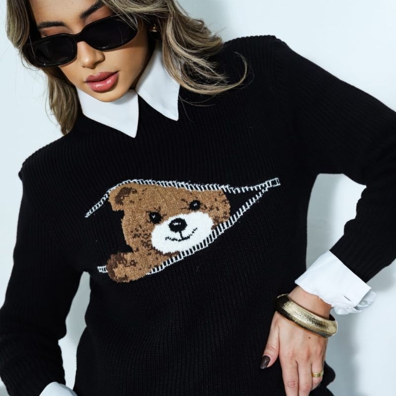 Blusa de Frio Urso de Musse Tricot Blusa de Modal