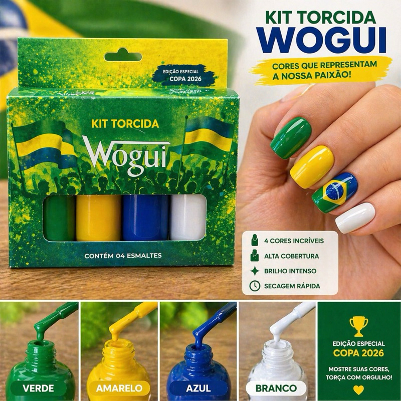 Kit Esmalte Copa 2026 Brasil Wogui 4 Cores (Verde,