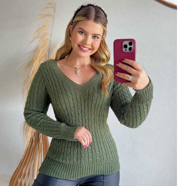 Blusa Tricot Feminina Trançada Suéter  Manga Lon
