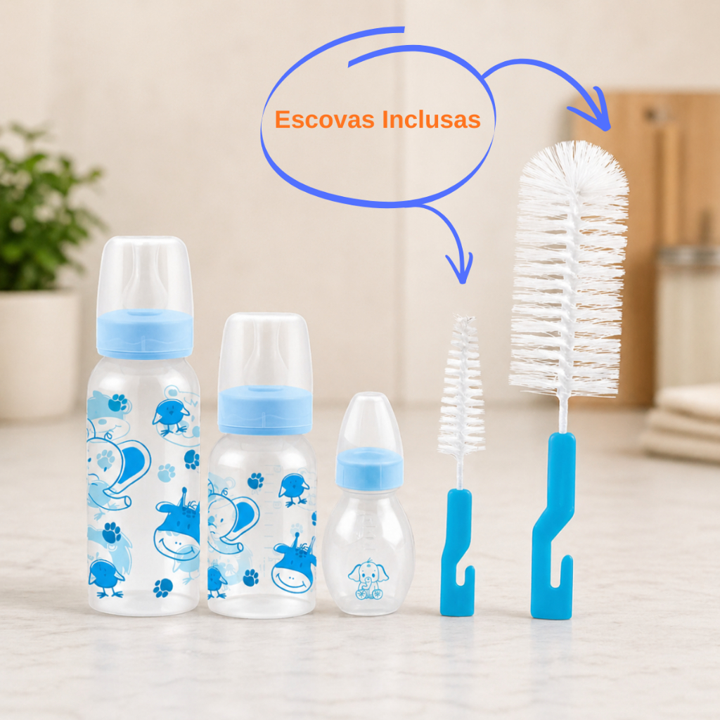 Kit 5 Peças Bebê 3 Mamadeiras Bico Silicone + 2 