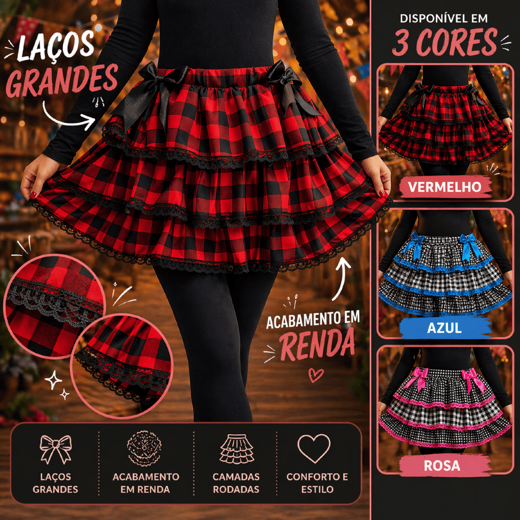 Saia Festa Junina Xadrez Luxo Feminina Adulto Juve