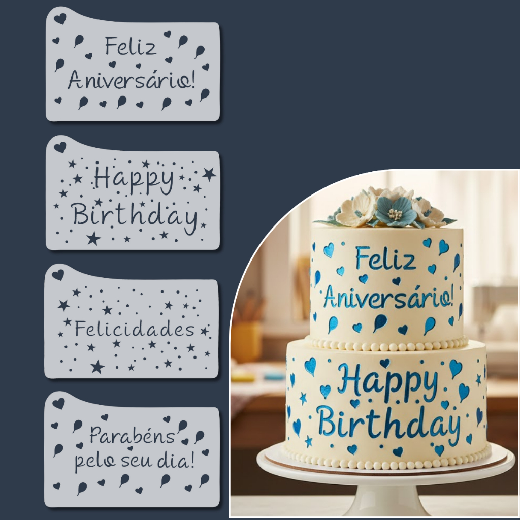 Kit 4 Stencil Carimbo Feliz Aniversário para Bolo