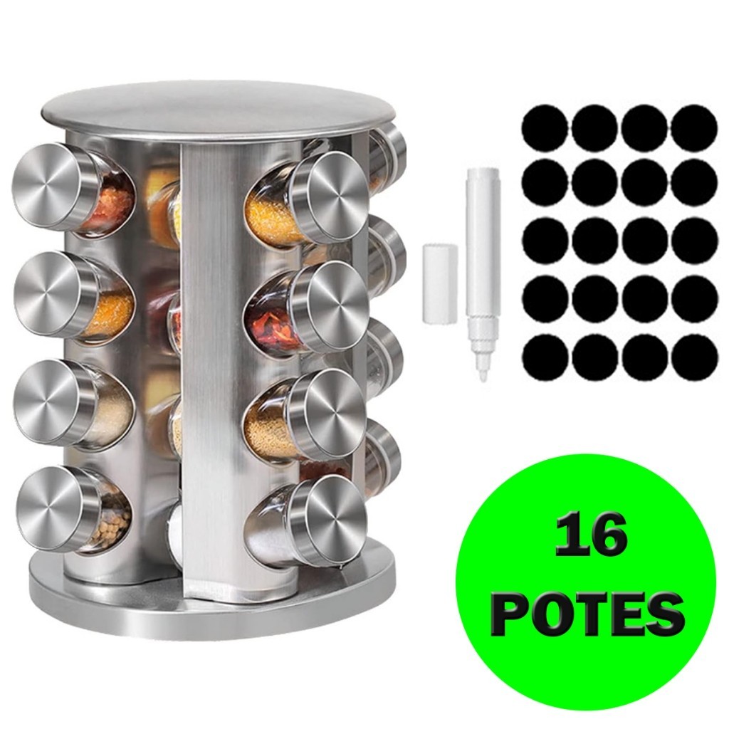 Porta Tempero 16 Potes Redondo Condimento Inox Sup