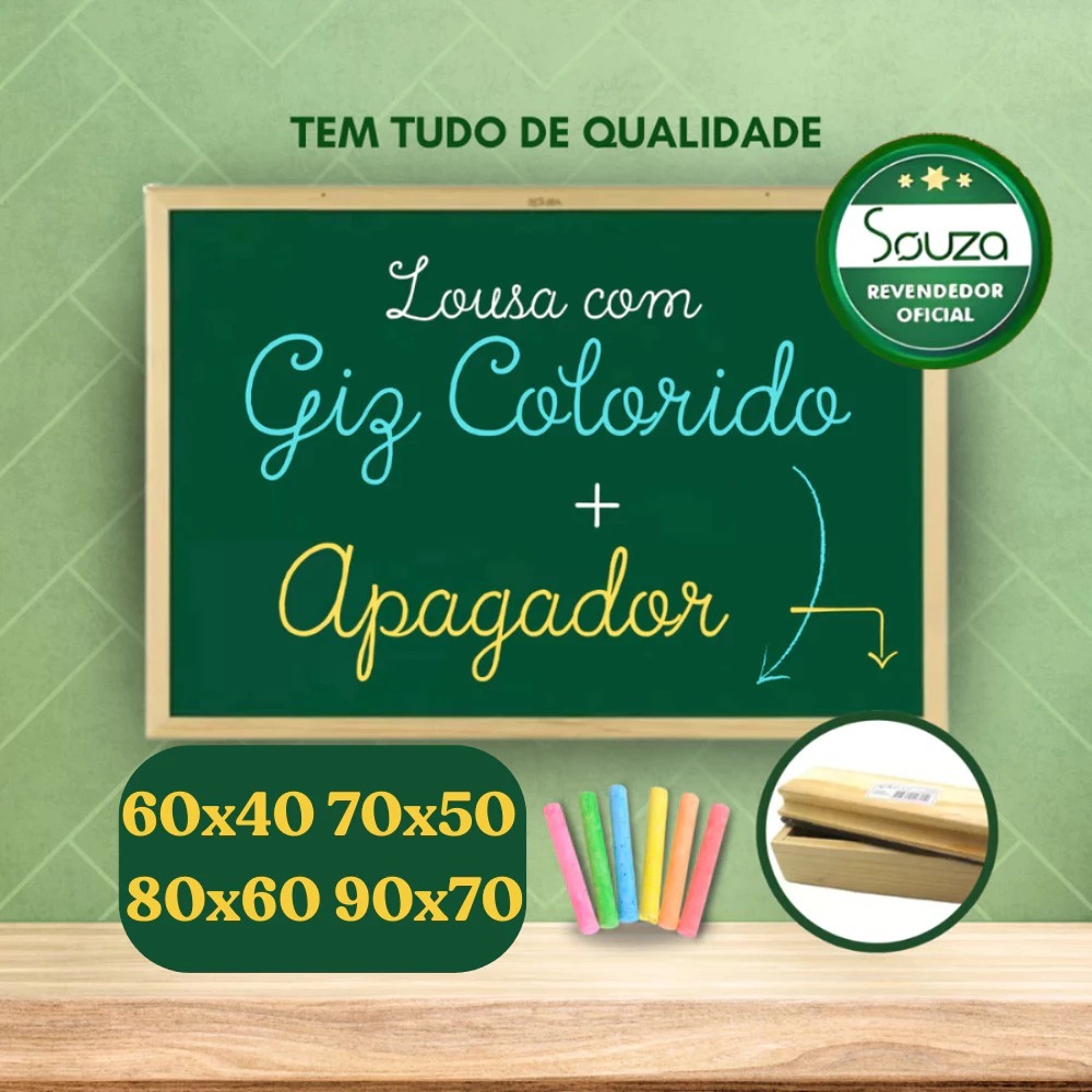 Lousa Quadro Escolar Souza com Porta Giz apagador 