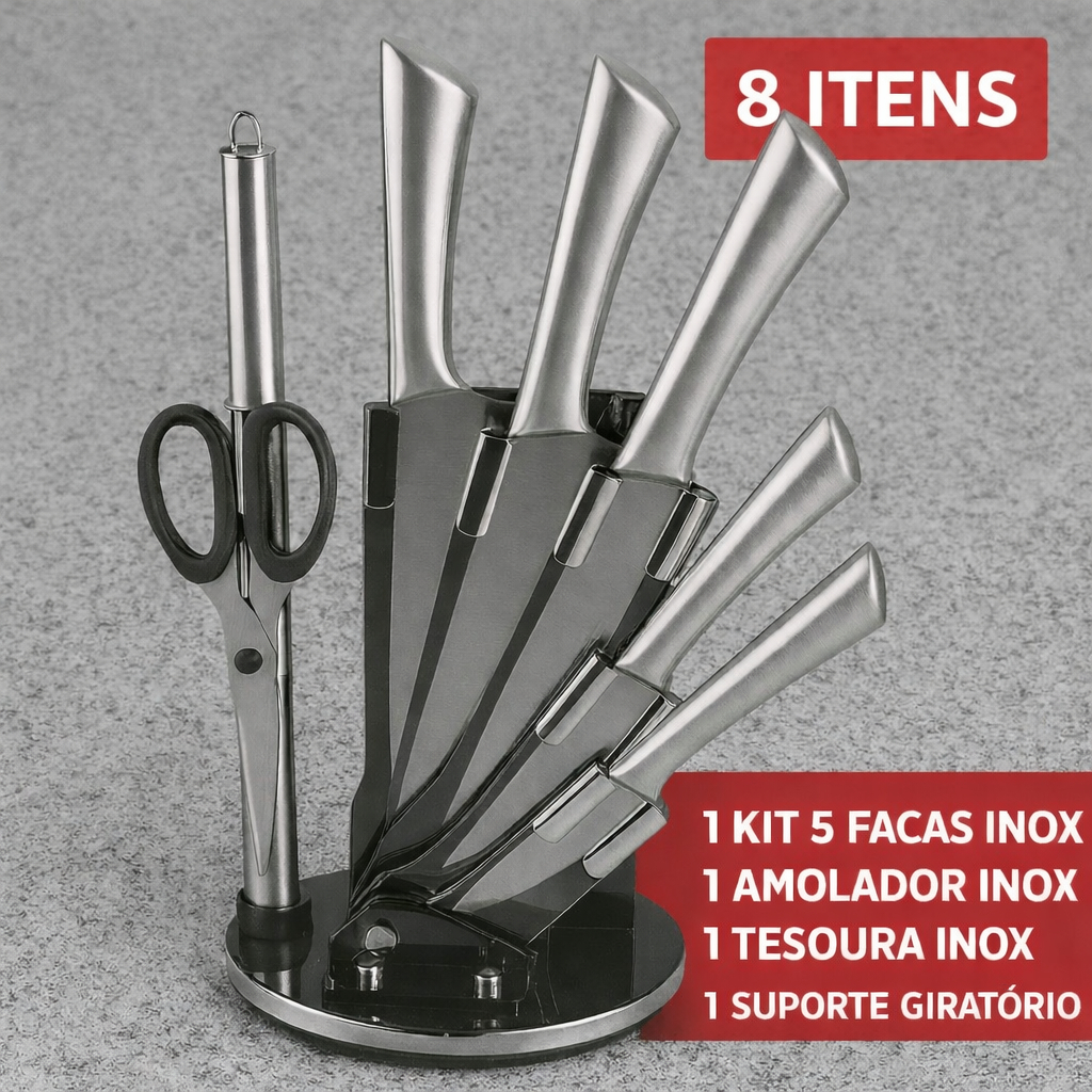 Kit Faqueiro Inox Premium 8 Itens: 5 Facas + 1 Amo