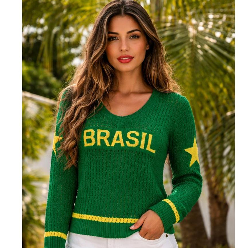Blusa Feminina Crochê Tricot Brasil Manga Longa C