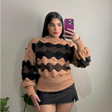 Blusa Feminina Suéter Manga Bufante Tricot Detalh