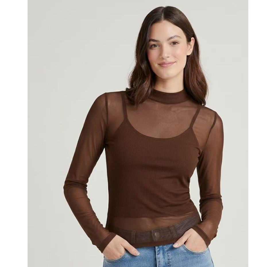 Blusa Tule Feminina Manga Longa Marrom Café Leve