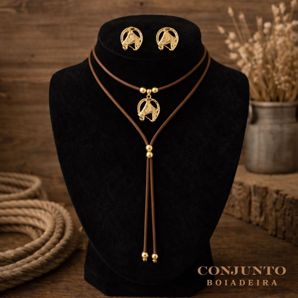 Kit Colar e Brinco Country  | Colar Choker Camurç