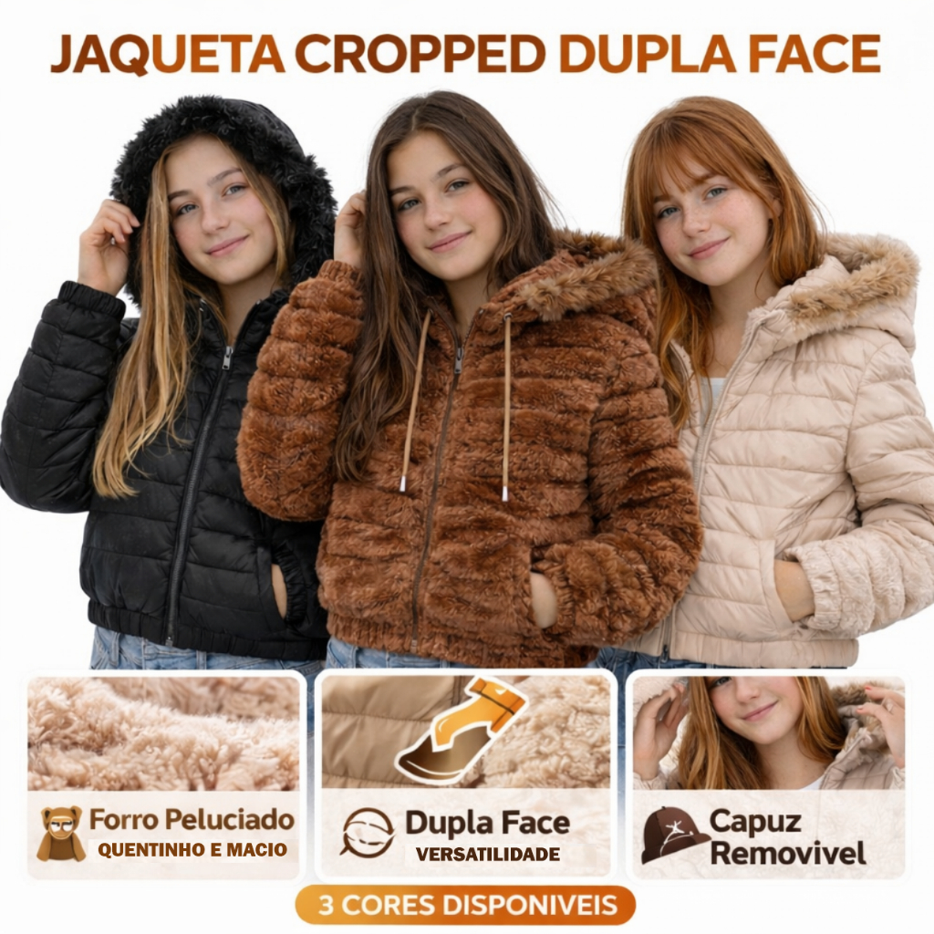 Jaqueta Cropped Dupla face Puffer Juvenil Forrada 