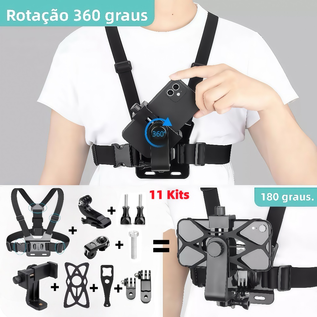 (11 kits)Suporte de Peito Para Celular e Gopro Pei