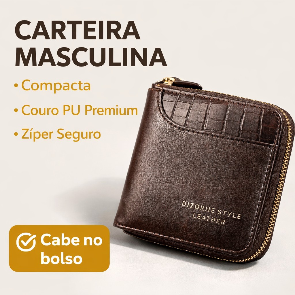 Carteira Masculina Com Zíper Vintage Couro PU Por