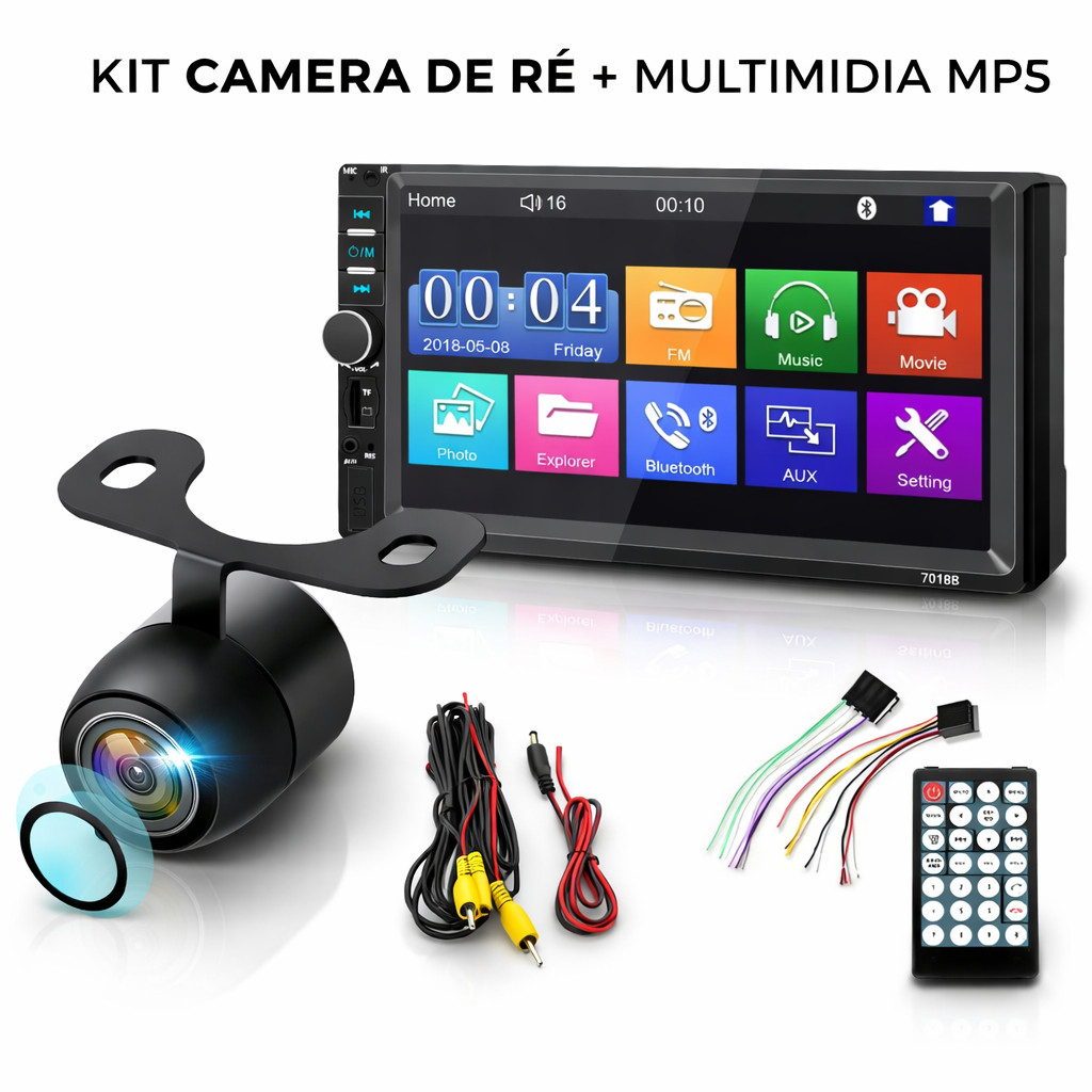 Kit Câmera de Ré + Multimídia MP5 7 Bluetooth E
