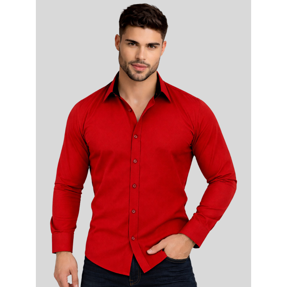 Camisa Social Masculina Vermelha Slim Tricoline Pr