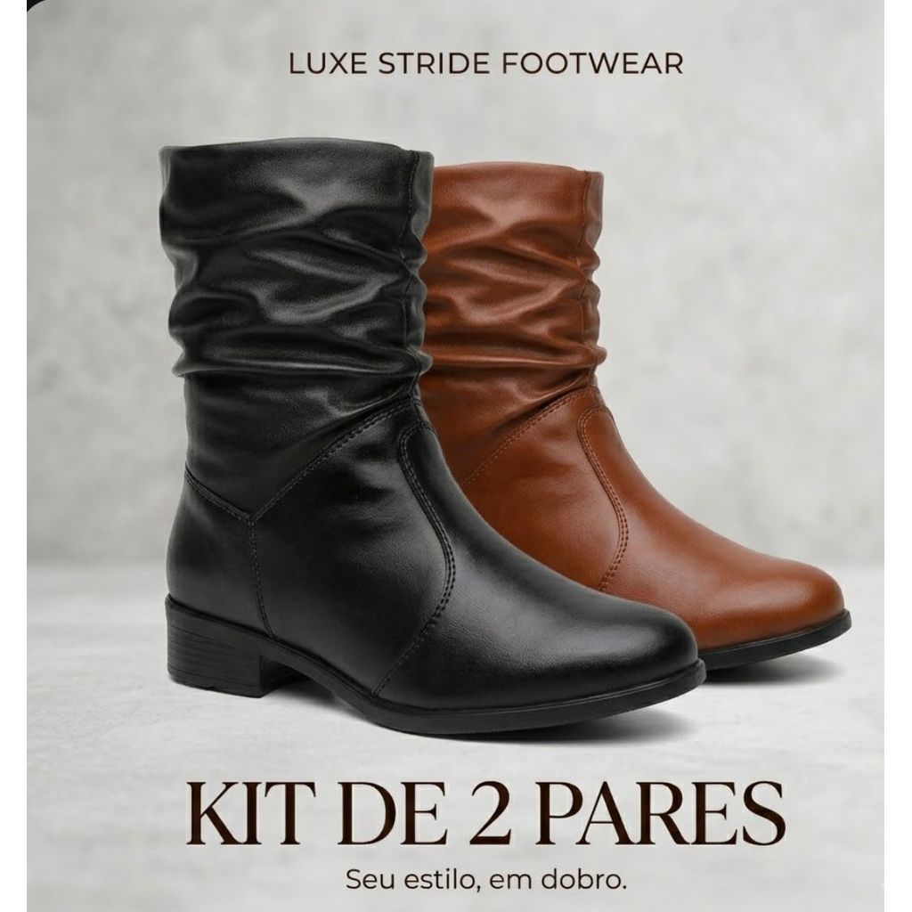 Kit 2 Pares Bota Feminina Cano Enrugado Saltinho M