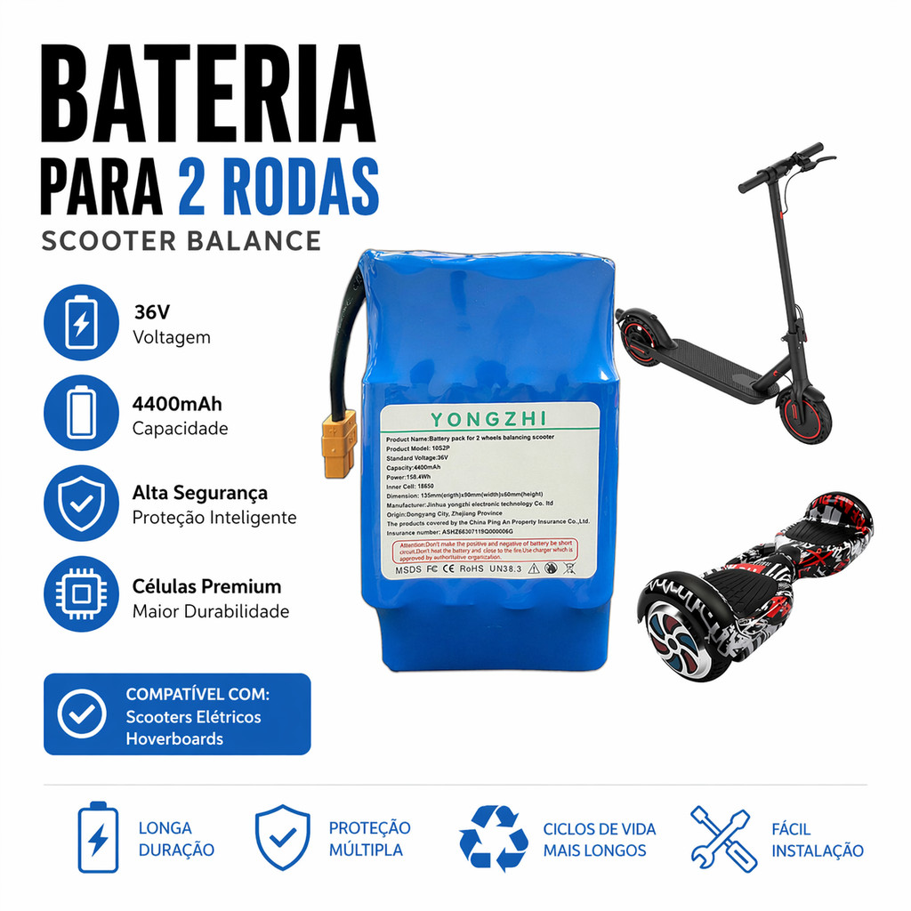 Bateria 36V para Scooter Elétrico 2 Rodas Recarre