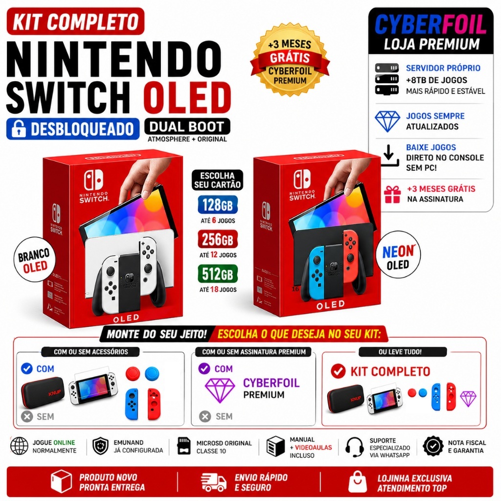 Nintendo Switch OLED NOVO Desbloqueado + Jogos + A