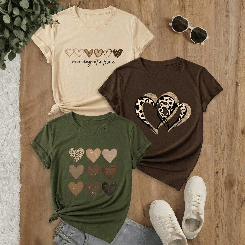 Kit 3 Camisetas Feminina de Algodão Coracao onça