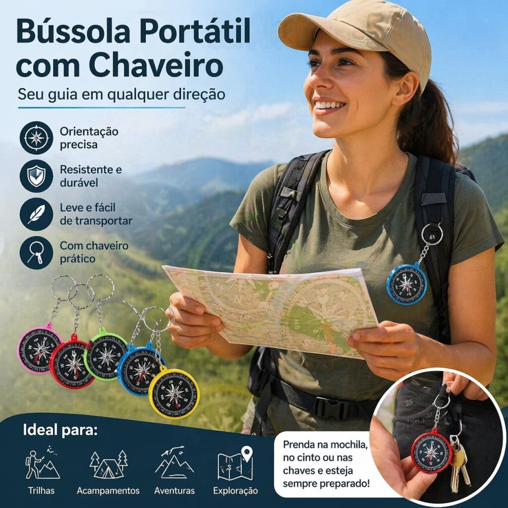 Chaveiro Bússola Mini Pingente de Navegação, Ac