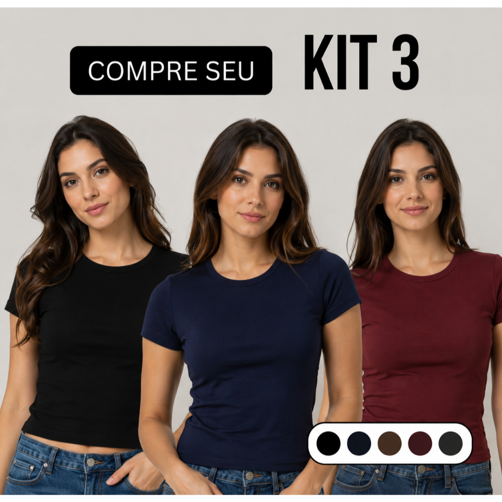 KIT 3 Baby Tee Feminina Manga Curta Casual Meia Es