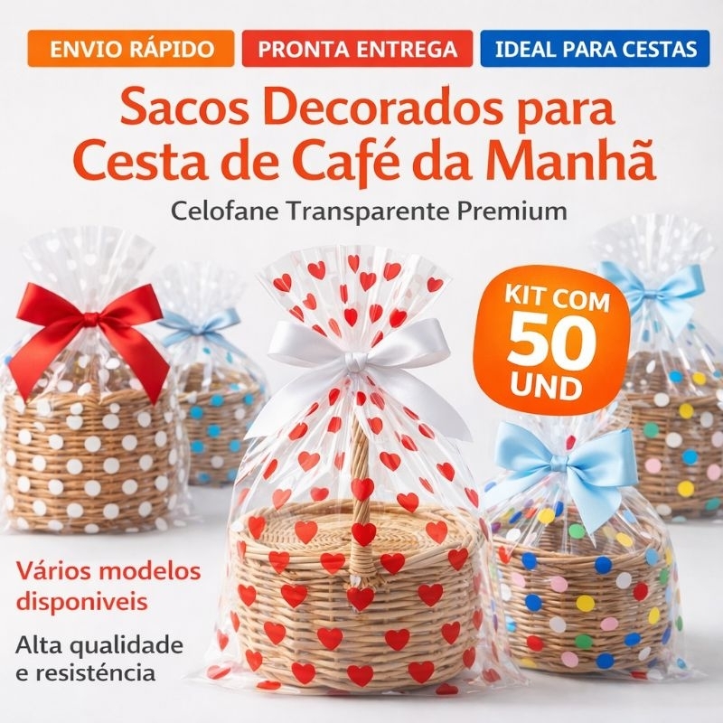 50 sacos celofane transparente e decorado 10×