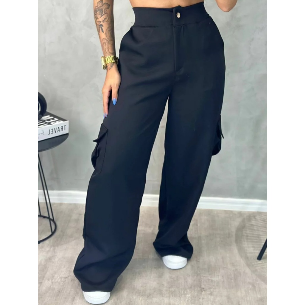 Calça Feminina Cargo Alfaiataria Pantalona com Bo
