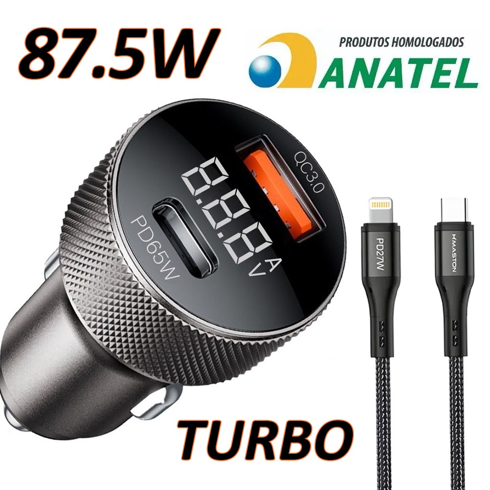 Carregador Veicular Turbo 87.5W USB-C USB-A Carreg