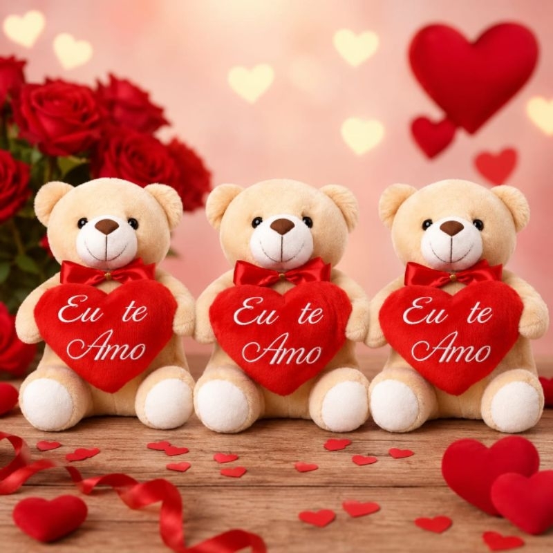 Kit Trio Ursinhos Pelúcia com Coração Eu Te Amo
