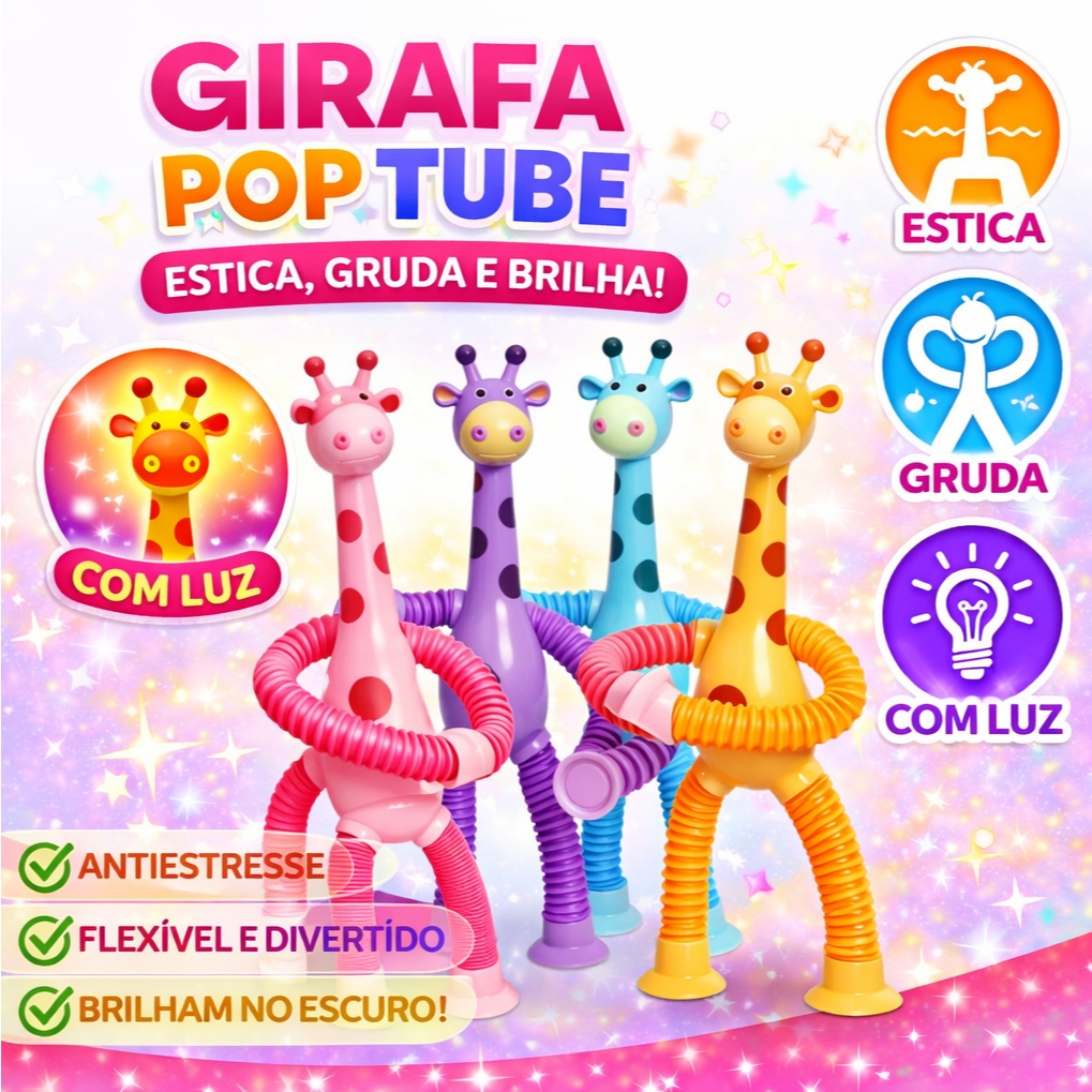 Brinquedo Infantil Girafa Pop Tubo Led Com Ventosa