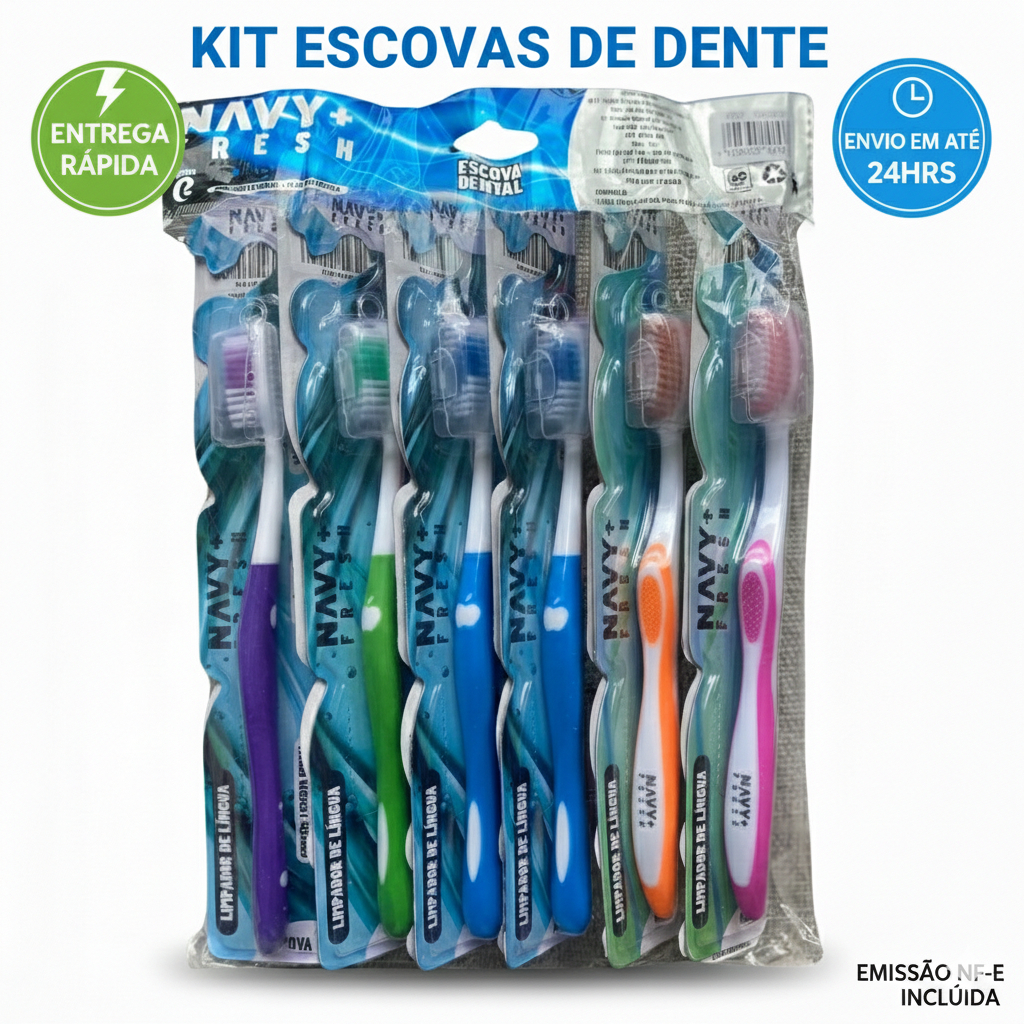 Kit 12 Escovas de Dente com Capa Protetora + Limpa