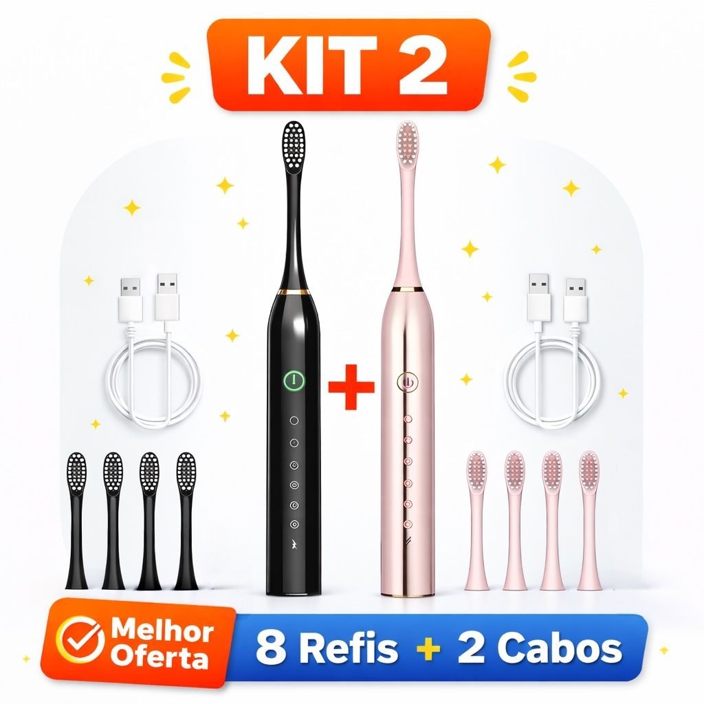 Kit 2 Escovas Elétricas Sônicas IPX7 + 8 Refis |