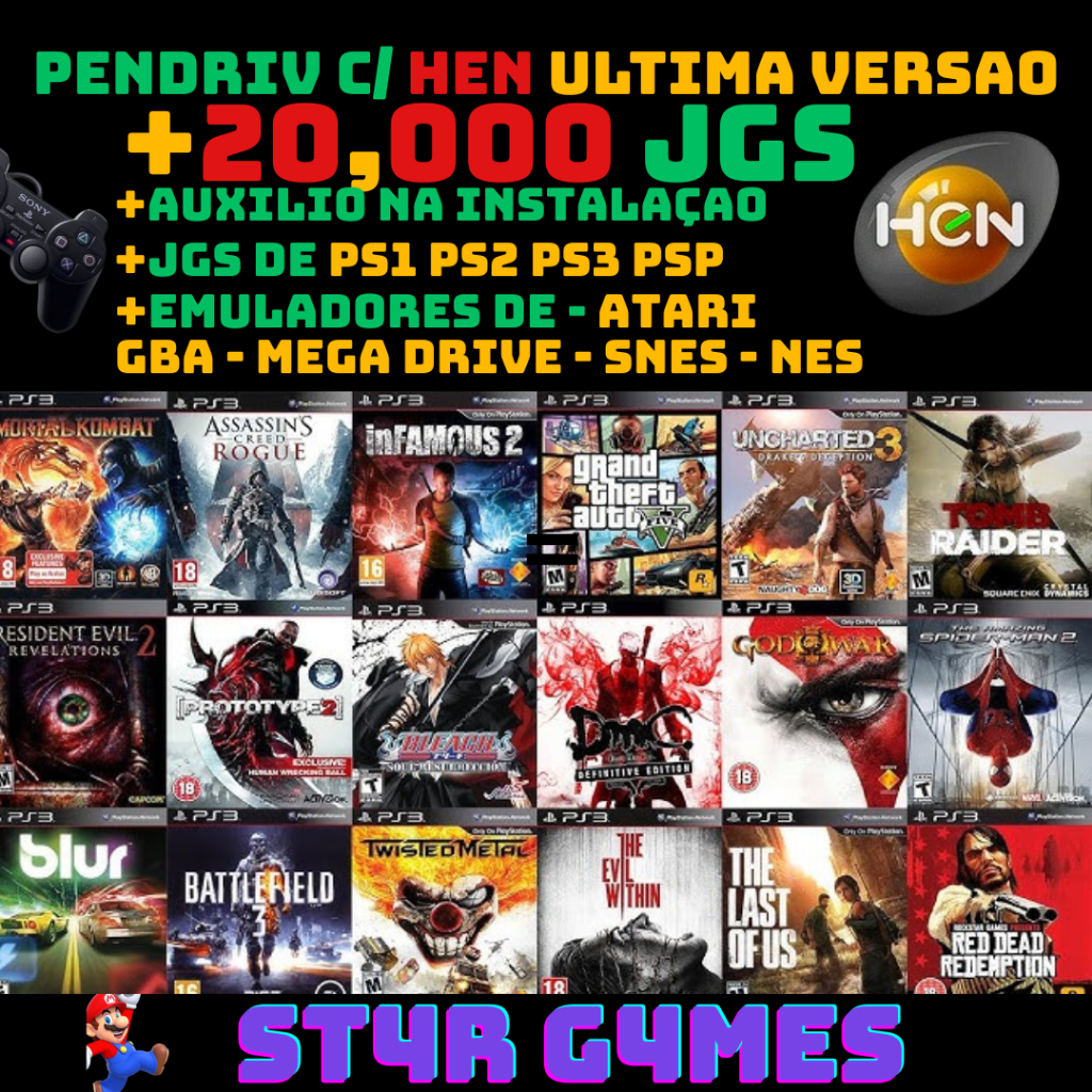 PENDRIV C/ DESBLOQUEIO PS3 HEN + 20,000 JGS + EMUL