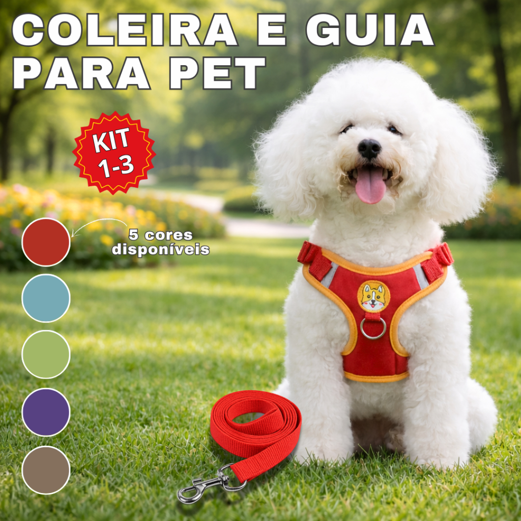 Coleira De Peitoral Cachorro Com Guia Para Caes e 