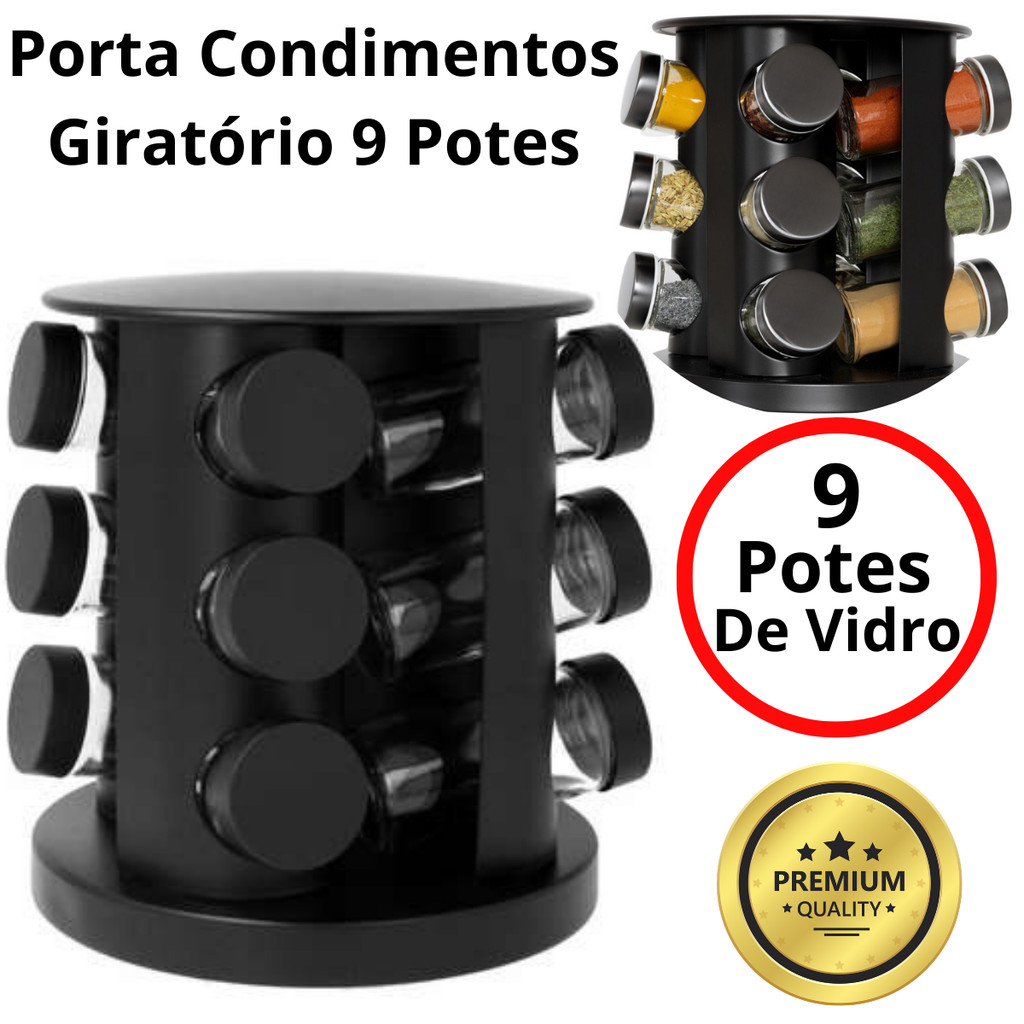 Porta Temperos Condimentos Giratório 9 Potes Vidr