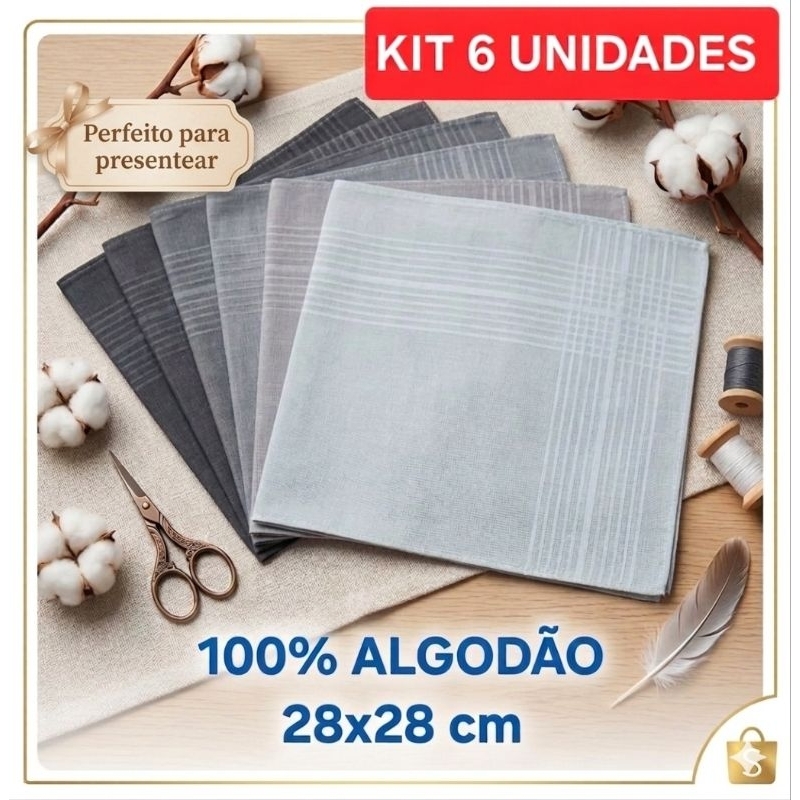 Kit 6 Lenços 100% Algodão Presente Masculino 28x