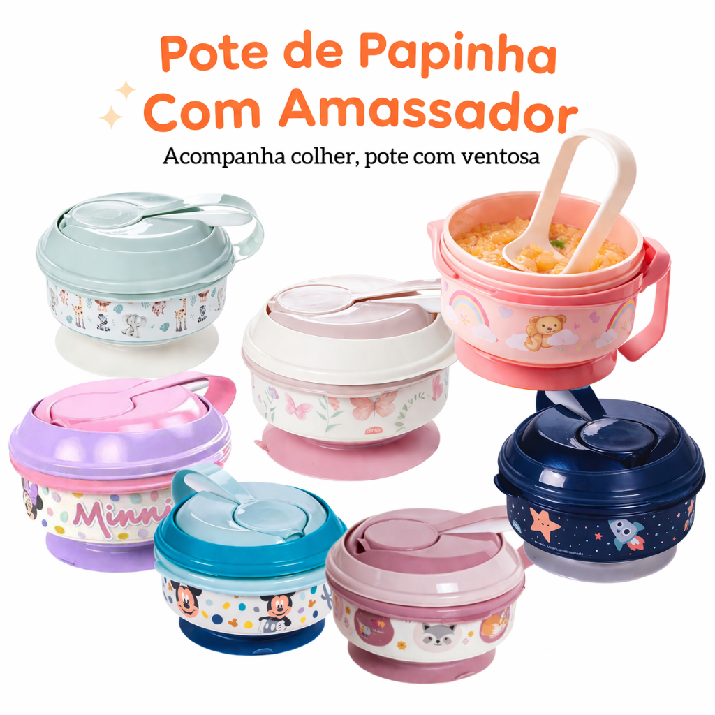 Kit Papinha Bebe Frutas Legumes pote+colher+Amassa