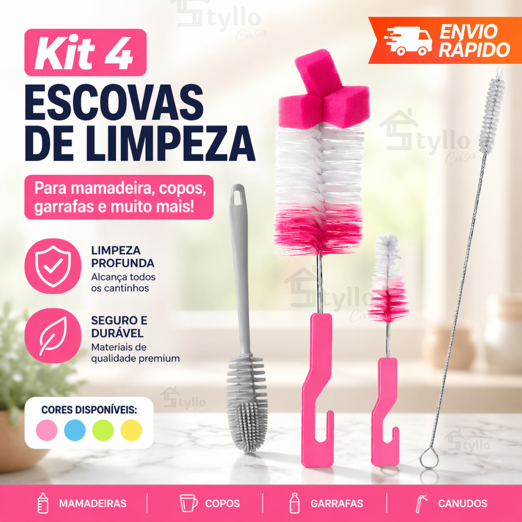 Kit Com 4 Escova para Mamadeira Bico e Garrafas Te
