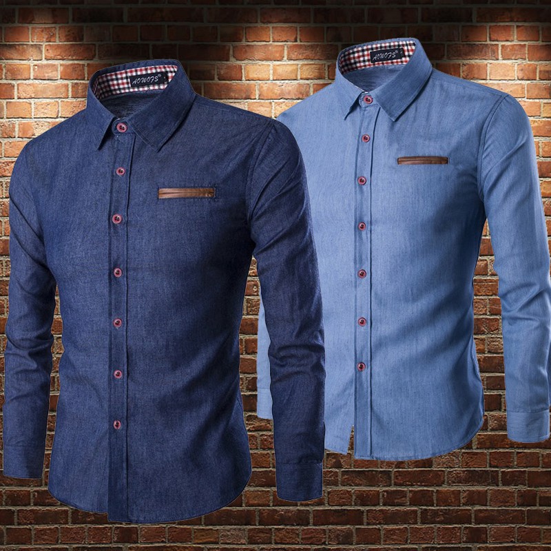Kit 2 Camisas Masculina Manga Longa Jeans Xambray 